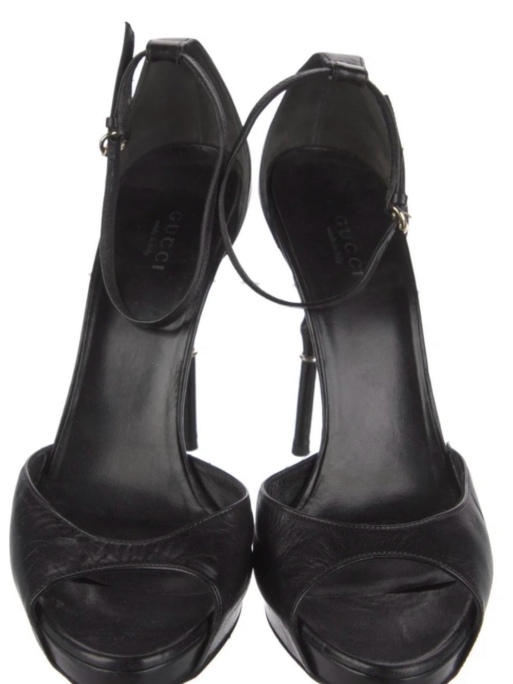 Gucci Black Leather Open-Toe Stiletto Sandals with Ankle Strap